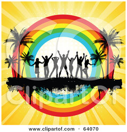 Royalty-Free (RF) Clipart Illustration of a Silhouetted Dancers On A Black Grunge Bar Between Palm Trees, In Front Of A Rainbow Circle On A Bursting Yellow Background