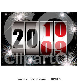 Royalty-Free (RF) Clipart Illustration of a New Year Background Of Dials Turning From 2009 To 2010 Over Black With Fireworks