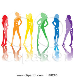Royalty-Free (RF) Clipart Illustration of a Line Of Red, Orange, Yellow, Green, Blue And Purple Sexy Pinup Women With Hearts On Their Bodies And Reflections