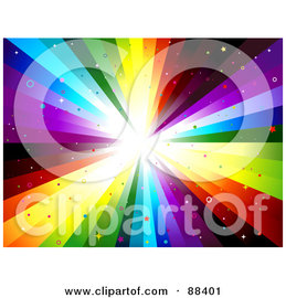 Royalty-Free (RF) Clipart Illustration of a Rainbow Vortex Background With Star And Circle Glitter