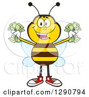 Clipart Of A Happy Honey Bee Holding Handfuls Of Cash Royalty Free Vector Illustration