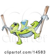 Green Gecko Relaxing In A Hammock Suspended On Two Sticks And Holding A Blue Alcoholic Beverage In A Glass While On Vacation In Hawaii Clipart Illustration by Leo Blanchette
