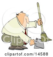 Chubby And Balding Businessman In A Tan Suit Crouching And Using A Broom To Sweep Up Dirt In A Dustpan Clipart Illustration by Dennis Cox