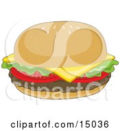 Hamburger With Lettuce Tomato And Cheddar Cheese On A Bun With Sesame Seeds Clipart Illustration by Maria Bell