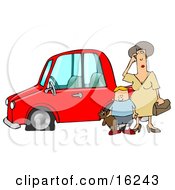 Worried Woman Sratcing Her Forehead And Wondering What To Do While Her Son Stands Beside Her Holding His Teddy Bear By Their Red Car With A Flat Tire Clipart Illustration Graphic by Dennis Cox