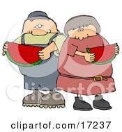 Caucasian Boy Or Man Eating A Juicy Red Slice Of Watermelon With His Sister Friend Or Wife On A Hot Summer Day Clip Art Illustration by Dennis Cox