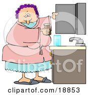Clipart Illustration Of A White Woman With Her Hair In Purple Curlers Wearing A Pink Robe And Pjs Putting Medicine Back In The Cabinet In Her Bathroom by Dennis Cox