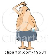 Clipart Illustration Of A White Man Wrapped In A Towel Sniffing His Armpit Before Spraying Deodorant On His Underarms After Getting Out Of The Shower by Dennis Cox