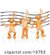 Clipart Graphic Of A Group Of Three Orange People With Music Note Heads Listening To Headphones Over A Music Staff by 3poD