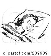 Royalty Free RF Clipart Illustration Of A Retro Black And White Woman Sleeping Against A Fluffy Pillow by BestVector