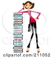 Royalty Free RF Clipart Illustration Of A Brunette Woman Leaning Against A Very Tall Stack Of Books by bnpdesignstudio