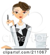 Royalty Free RF Clipart Illustration Of A Beautiful Brunette Businesswoman Sitting At A Desk With A Stack Of Paperwork by bnpdesignstudio