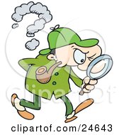 Clipart Illustration Of Sherlock Holmes A Caucasian Man In A Green Hat Coat And Pants Smoking A Pipe And Peering Through A Magnifying Glass While Searching For Evidence by gnurf