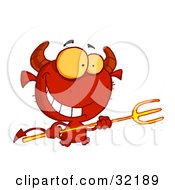 Clipart Illustration Of A Grinning Yellow Eyed Red Devil With Horns Holding A Pitchfork by HitToon