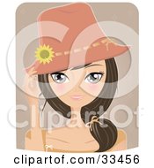 Clipart Illustration Of A Pretty Brunette Woman Adjusting Her Summer Styled Hat With A Yellow Sunflower On It On Pink Background by Melisende