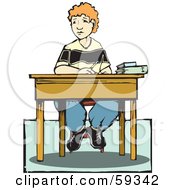 School Boy Sitting At His Desk With Books