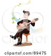 Royalty Free RF Clipart Illustration Of A Male Guitarist Strumming His Guitar On A Stool Over White With Music Notes by mayawizard101