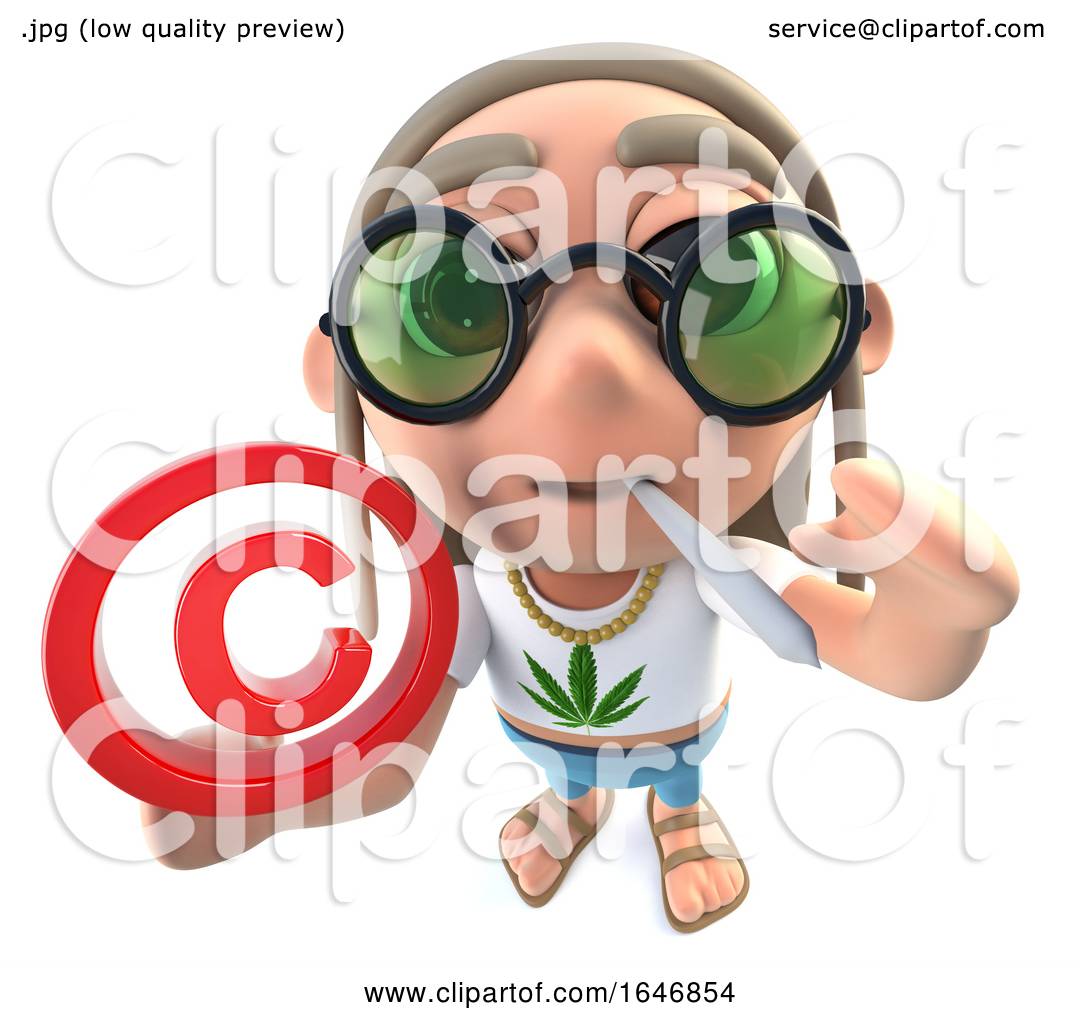 3d Funny Cartoon Hippy Stoner Character Holding a Copyright Symbol by