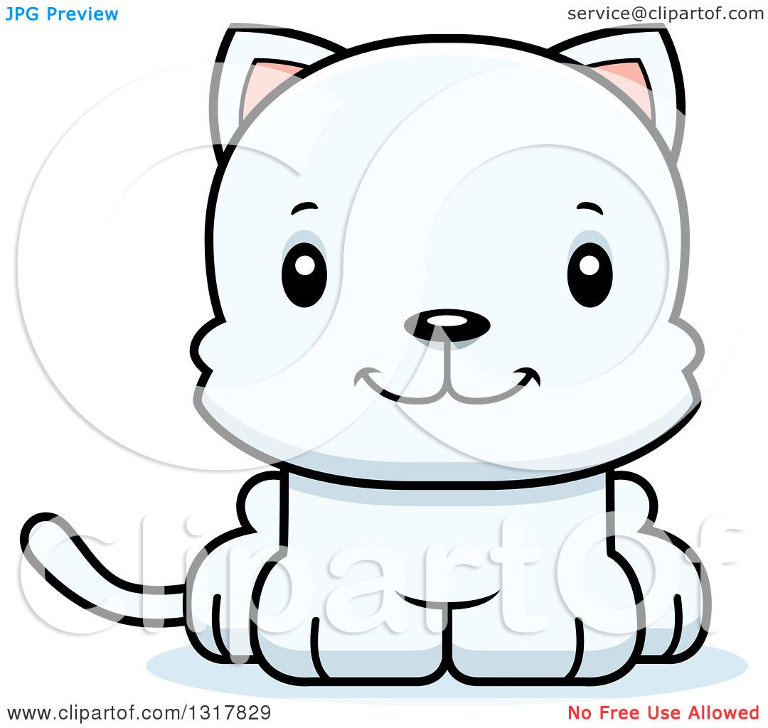 Animal Clipart of a Cartoon Cute Happy White Kitten Cat - Royalty Free
