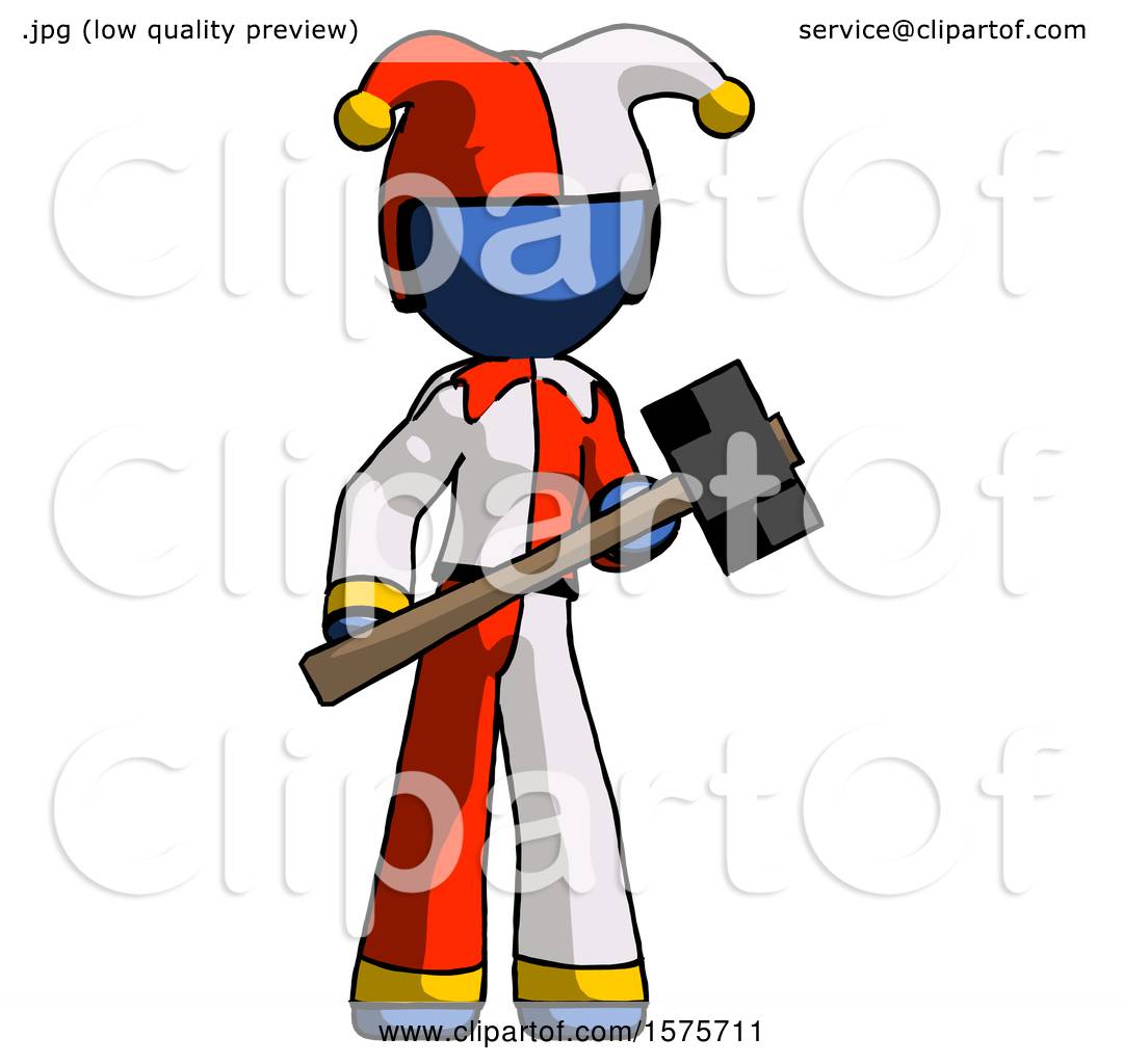 Blue Jester Joker Man with Sledgehammer Standing Ready to Work or ...