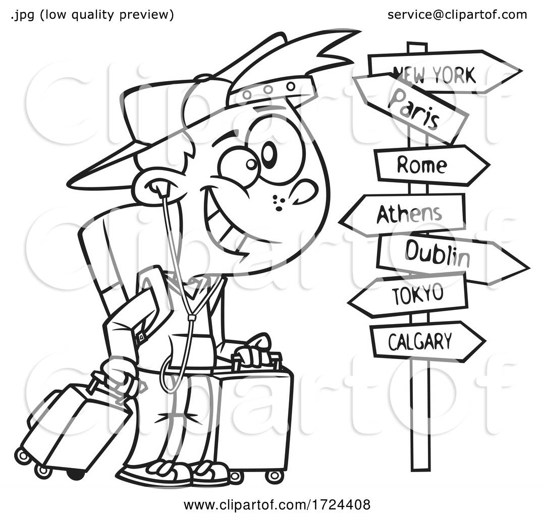 Cartoon Black and White Happy Traveling Boy by toonaday #1724408