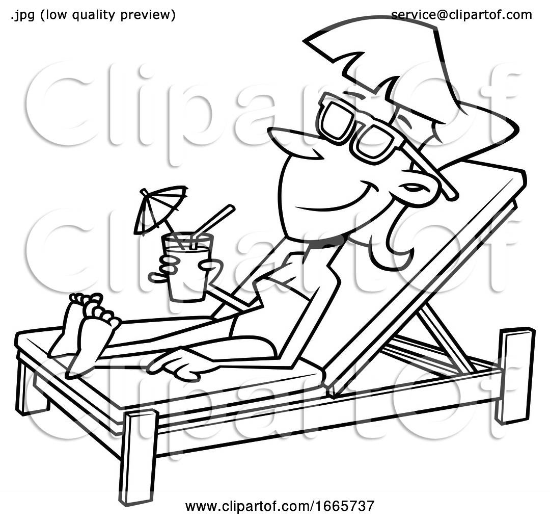 Cartoon Black and White Woman Sun Bathing Poolside with a Cocktail by ...