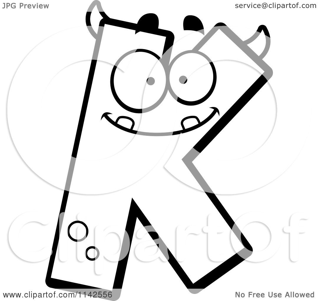 Cartoon Clipart Of A Black And White Alien Letter K - Vector Outlined