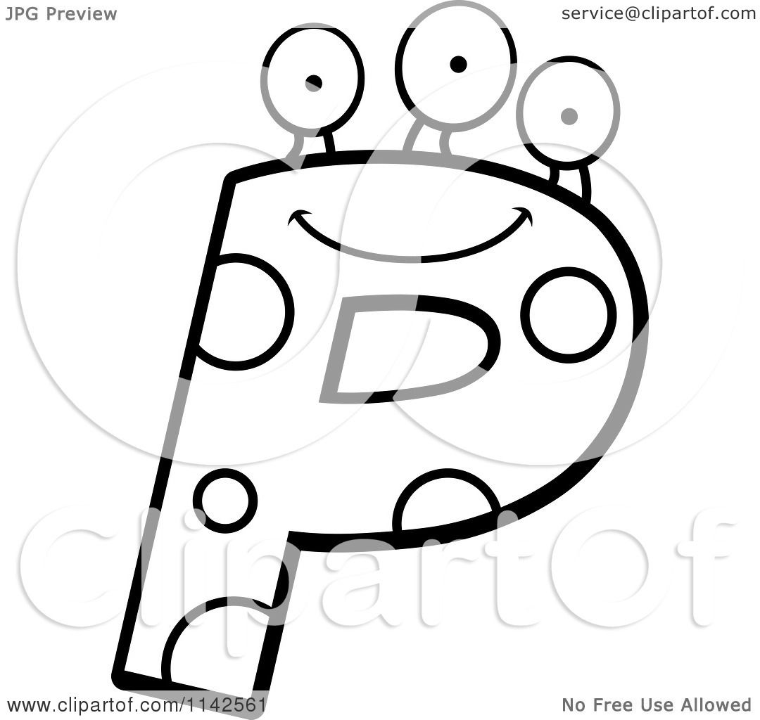 Cartoon Clipart Of A Black And White Alien Letter P - Vector Outlined ...