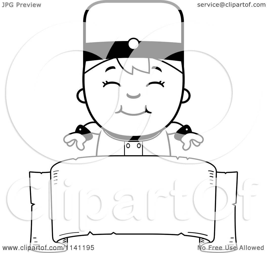 Download Cartoon Clipart Of A Black And White Bellhop Hotel Boy Over A Banner - Vector Outlined Coloring ...