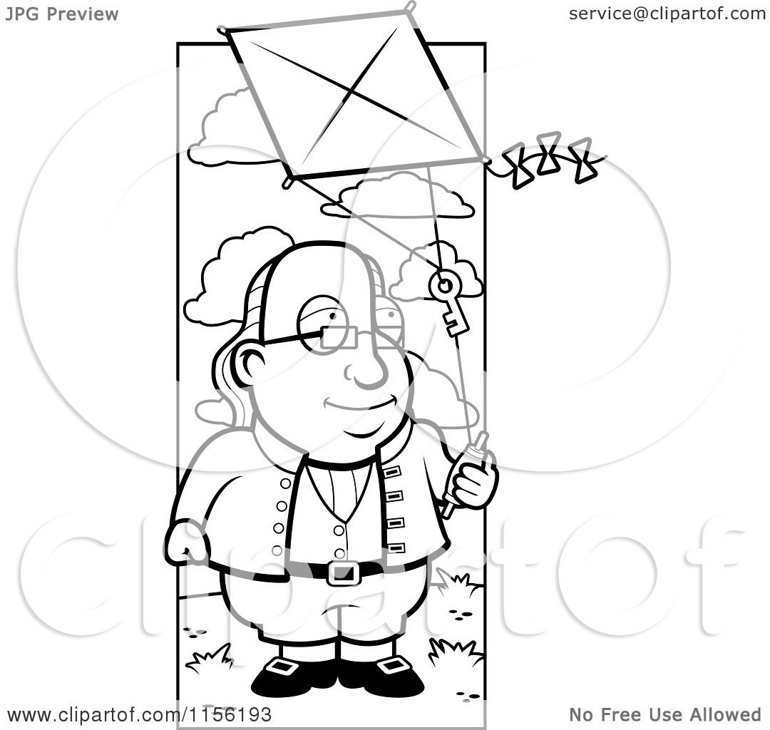 Cartoon Clipart A Black And White Benjamin Franklin Doing a Kite Experiment Vector Outlined Coloring Page by Cory Thoman