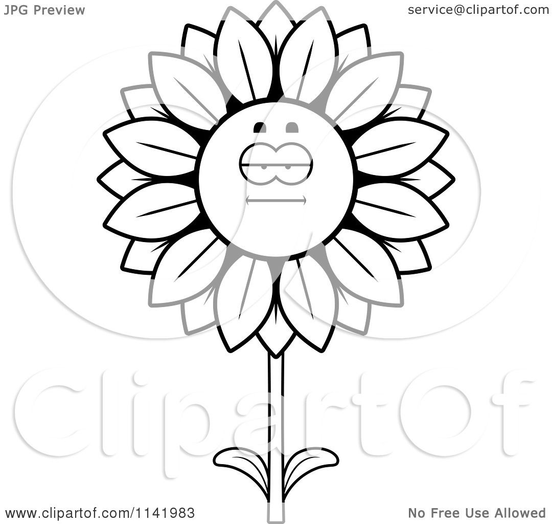 Cartoon Clipart Of A Black And White Bored Sunflower ...