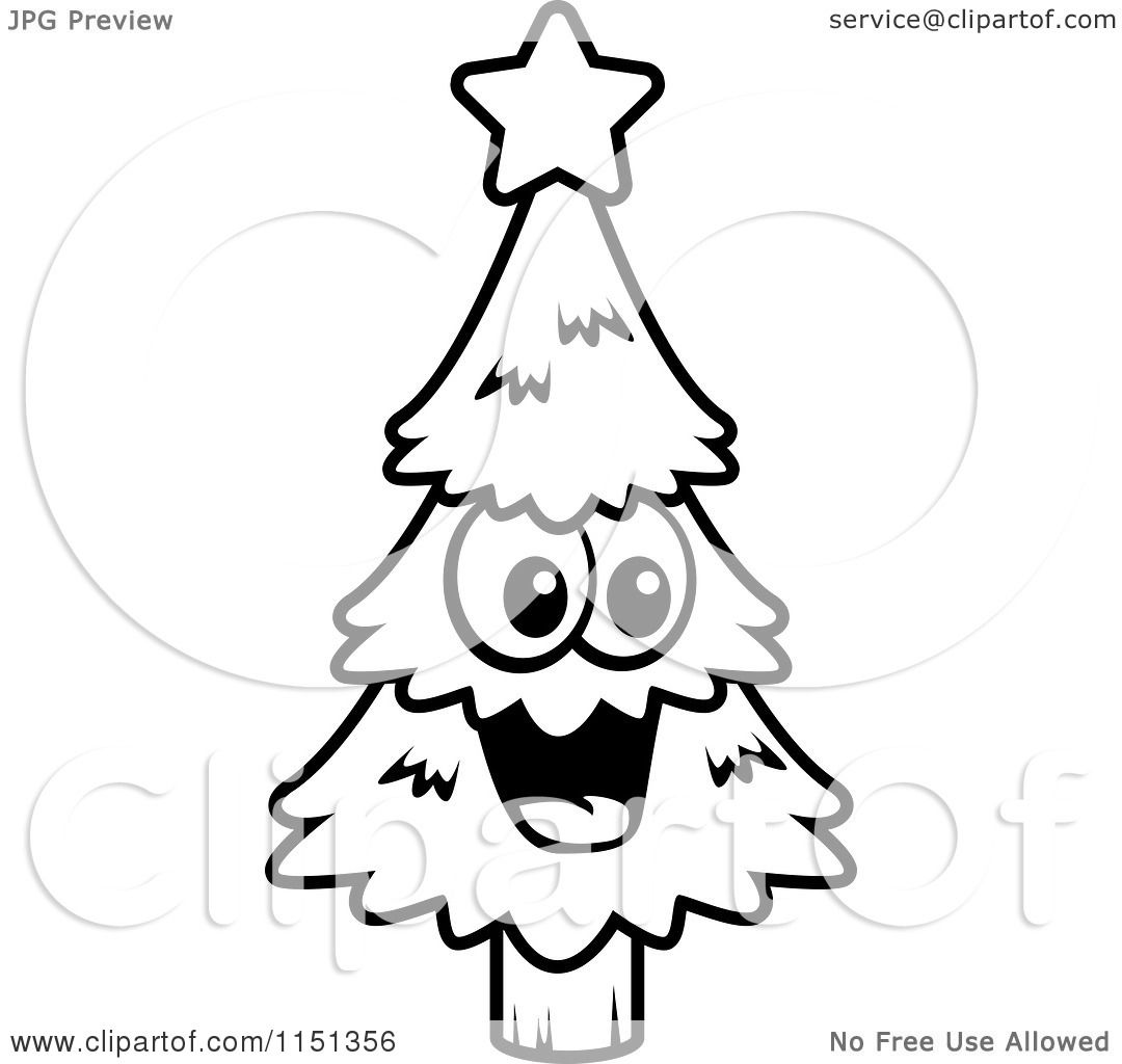 Cartoon Clipart Of A Black And White Cartoon Clipart Of A Happy Christmas Tree Vector Outlined Coloring Page By Cory Thoman 1151356