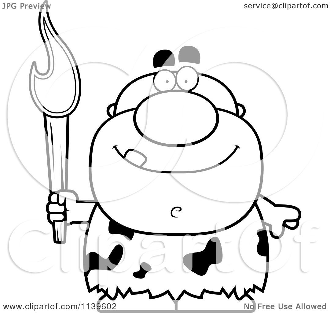 Cartoon Clipart Of A Black And White Caveman Holding A Torch - Vector