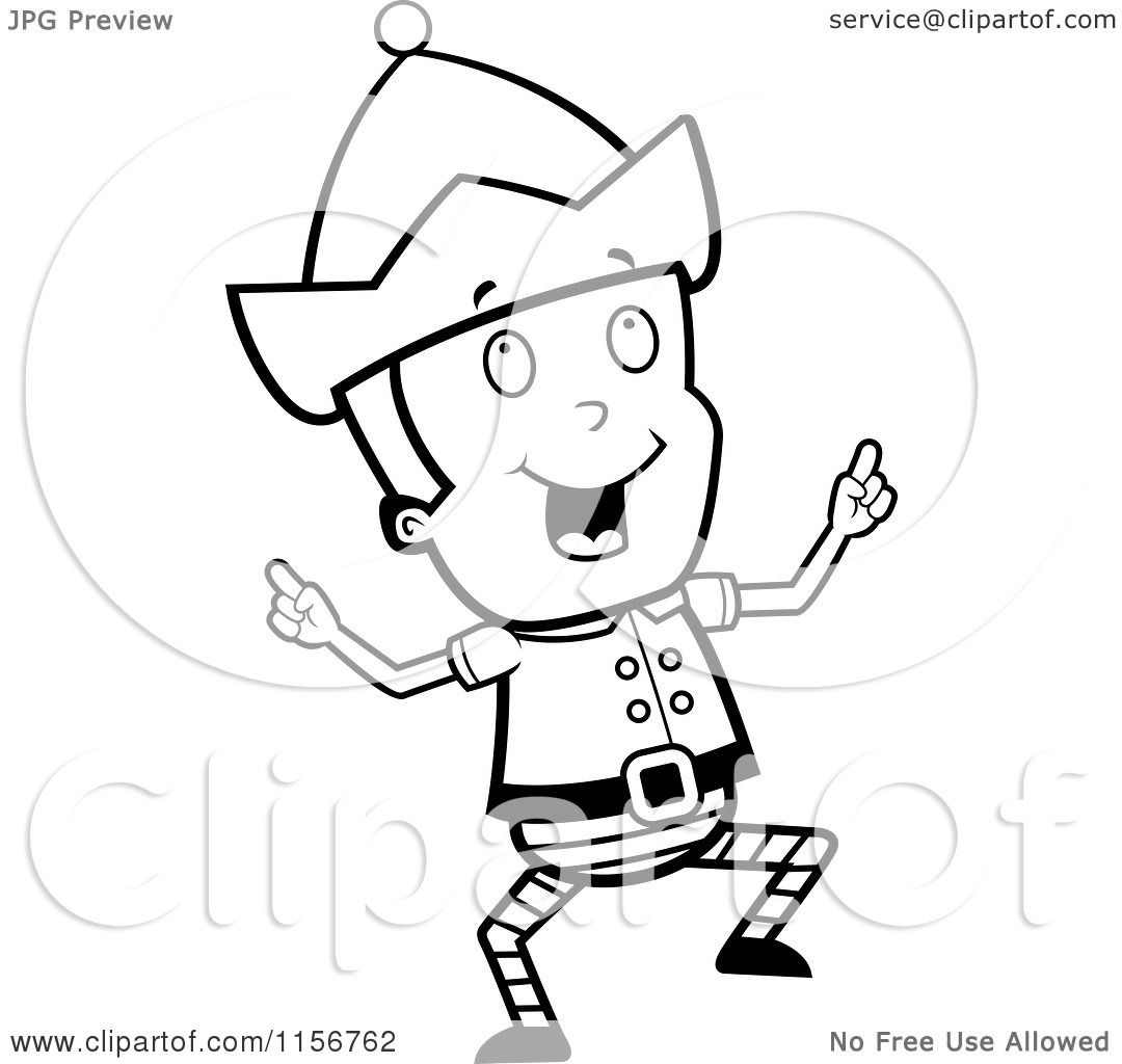 Cartoon Clipart Of A Black And White Christmas Elf Boy Doing a Happy