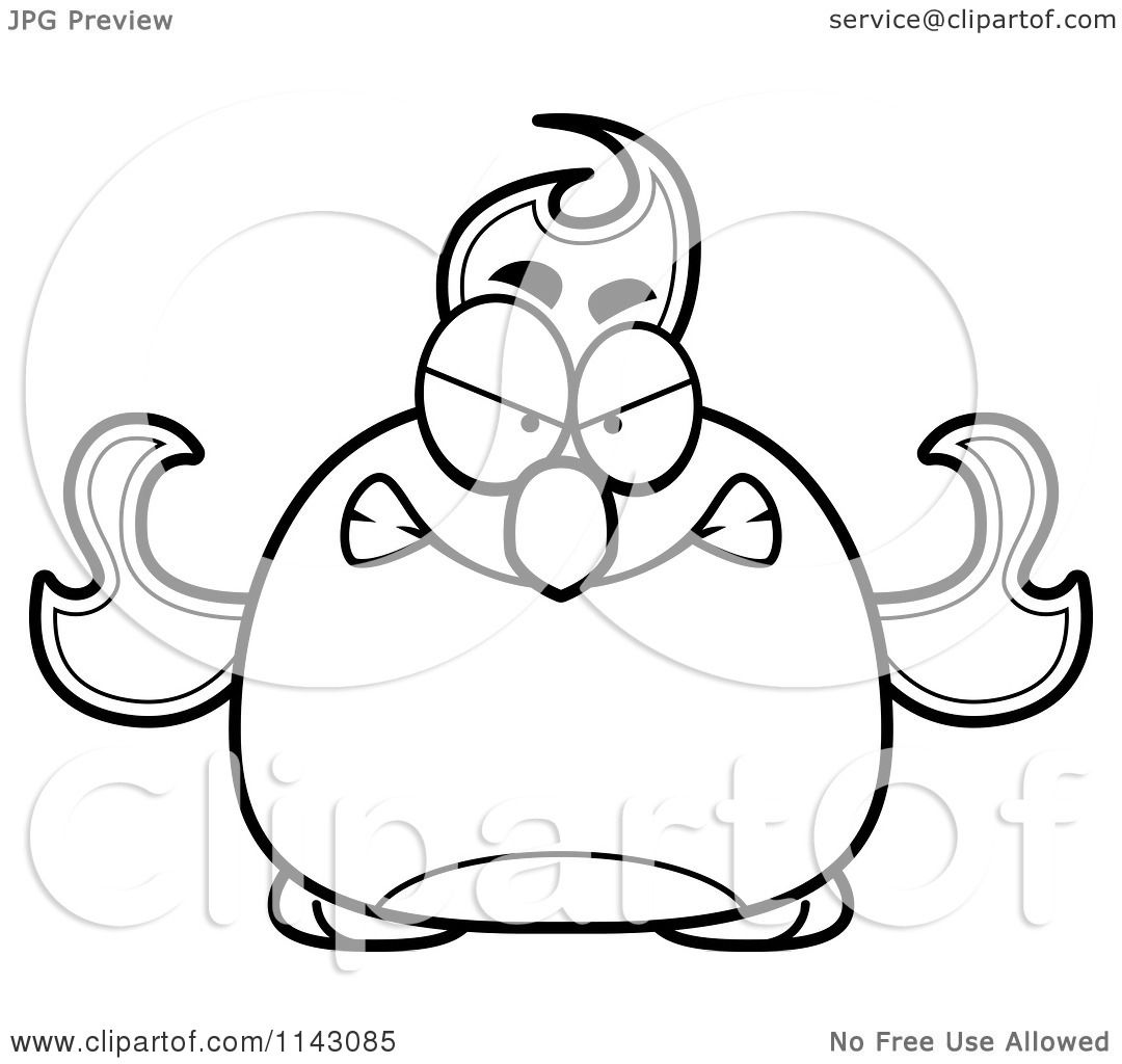Cartoon Clipart Of A Black And White Chubby Angry Phoenix Fire Bird