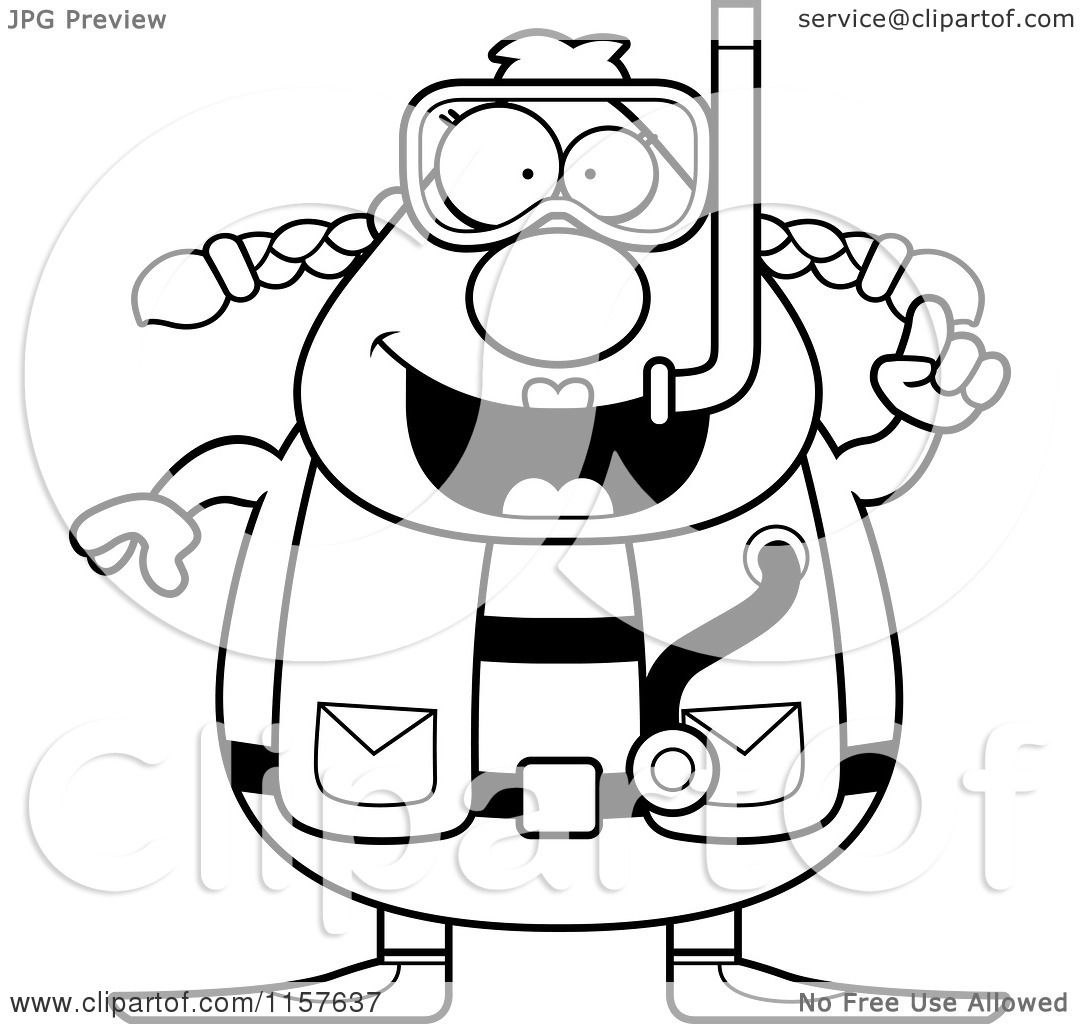 Cartoon Clipart A Black And White Chubby Female Scuba Diver with an Idea Vector Outlined Coloring Page by Cory Thoman