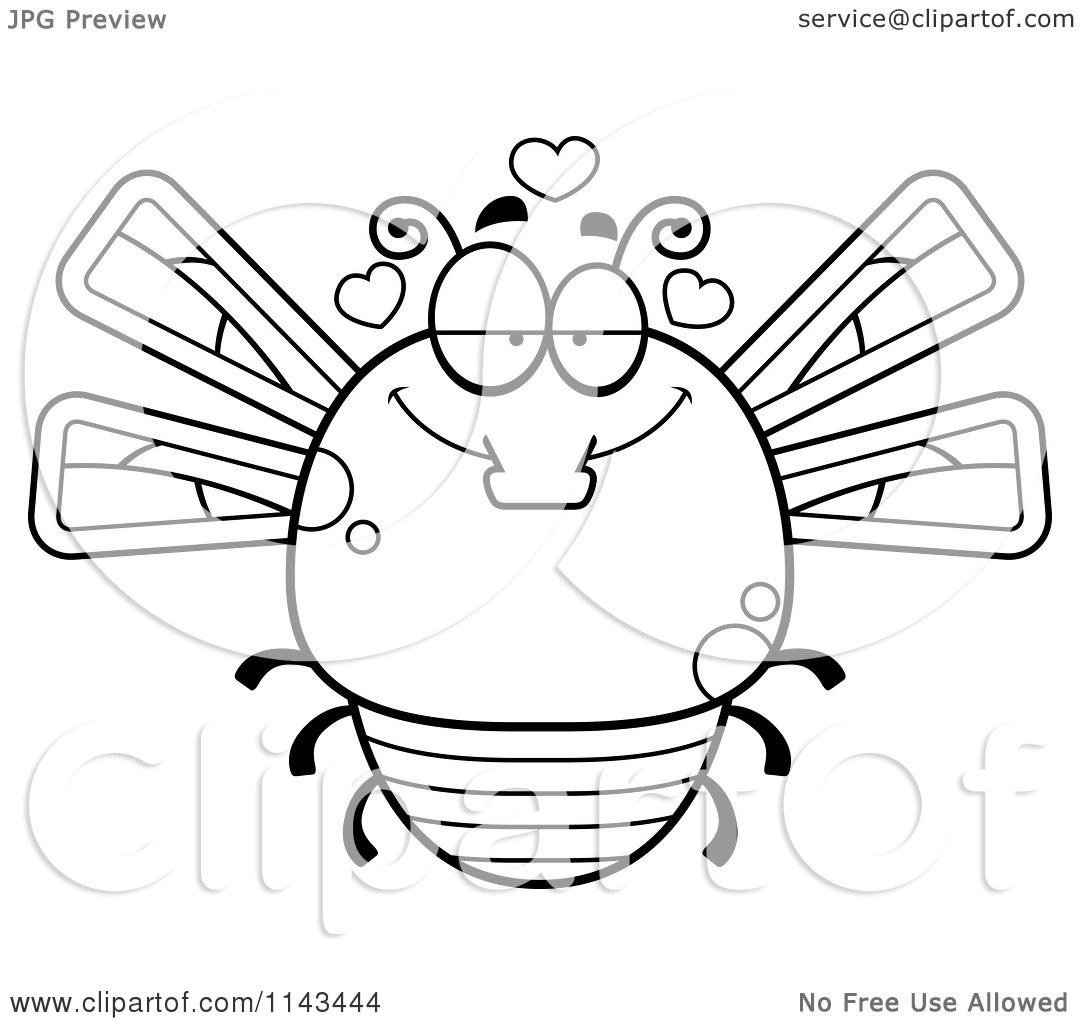 Cartoon Clipart Of A Black And White Chubby Infatuated Dragonfly