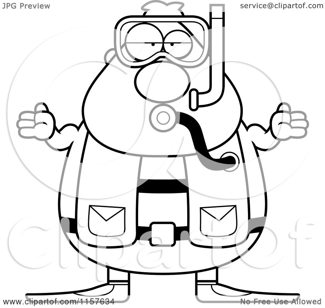 Cartoon Clipart A Black And White Chubby Male Scuba Diver Shrugging Vector Outlined Coloring Page by Cory Thoman