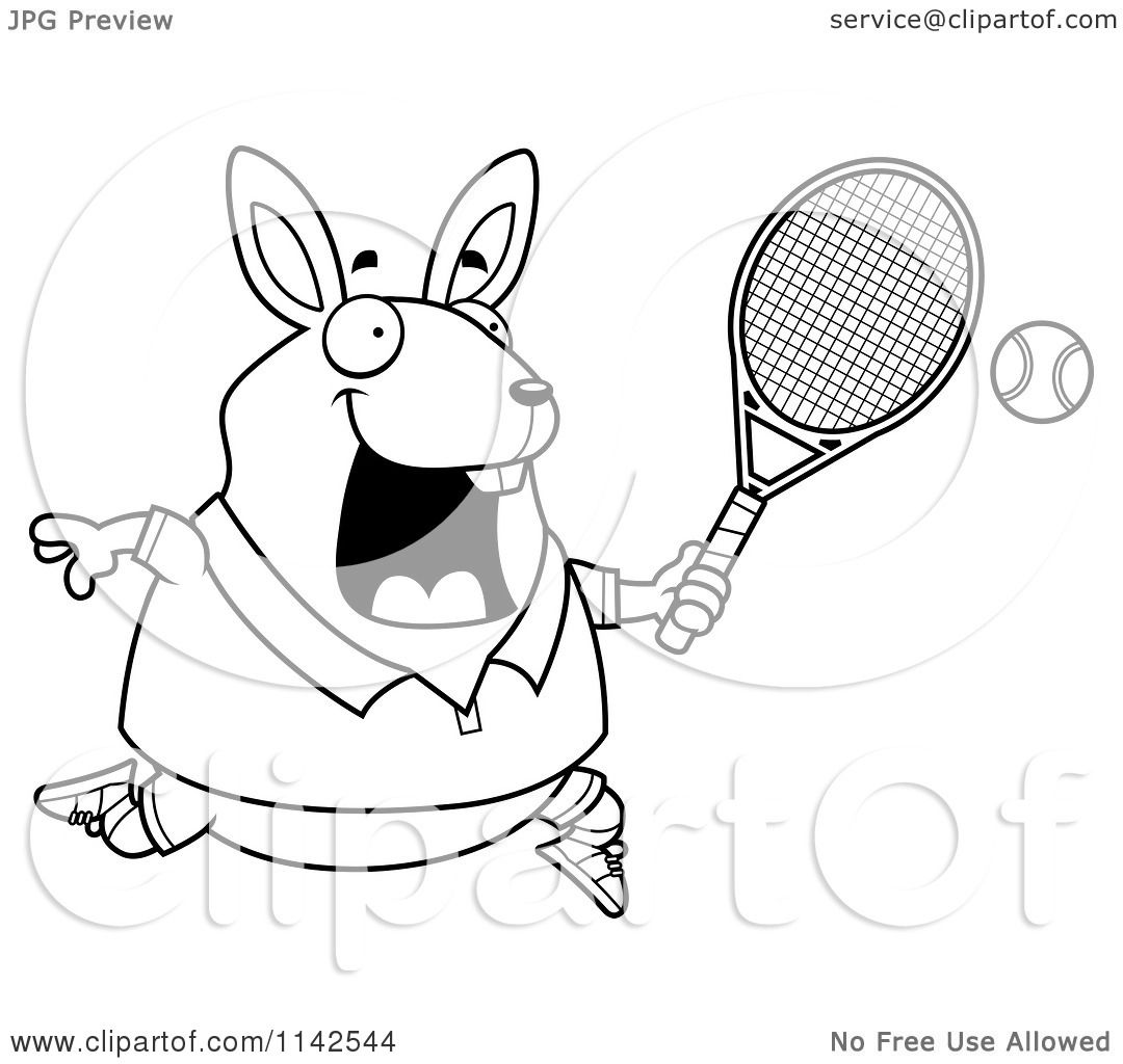 Cartoon Clipart Of A Black And White Chubby Rabbit Playing Tennis