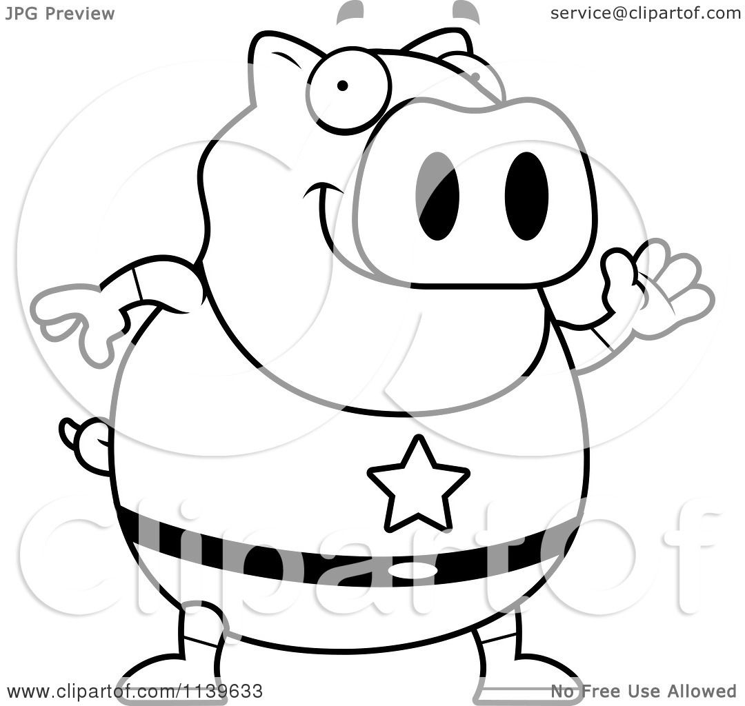 Cartoon Clipart Of A Black And White Chubby Super Pig Waving - Vector