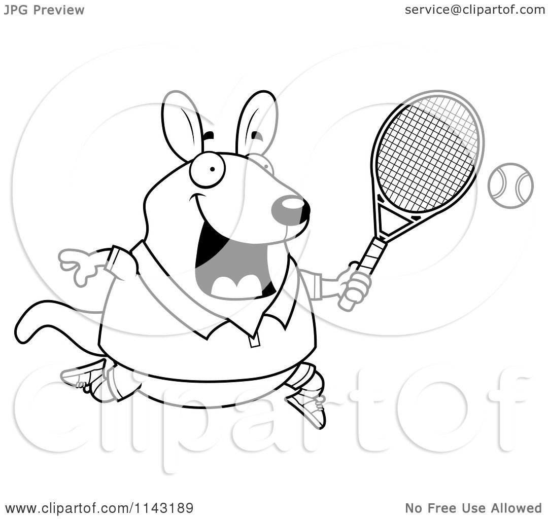 Download Cartoon Clipart Of A Black And White Chubby Wallaby Kangaroo Playing Tennis - Vector Outlined ...