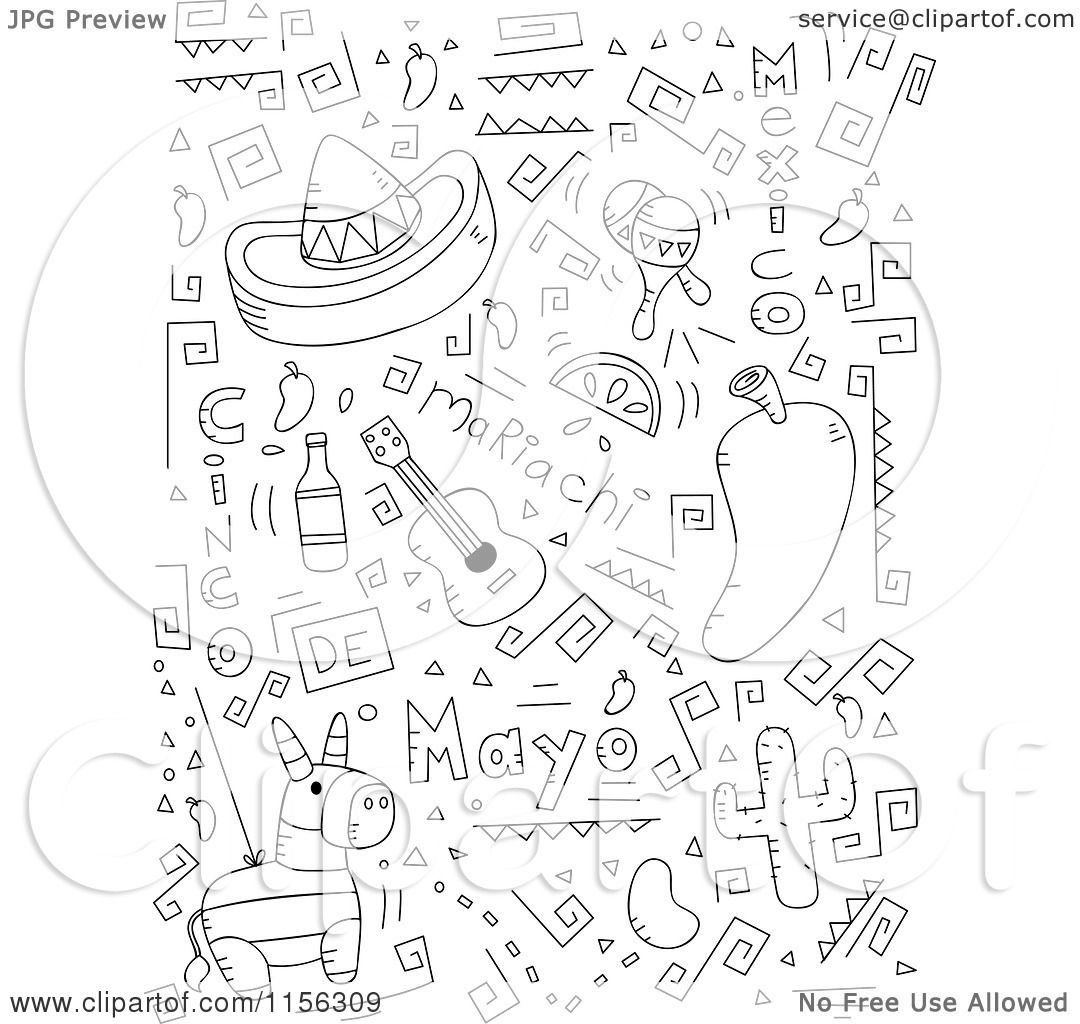 Cartoon Clipart A Black And White Collage of Cinco De Mayo Doodles Vector Outlined Coloring Page by Cory Thoman