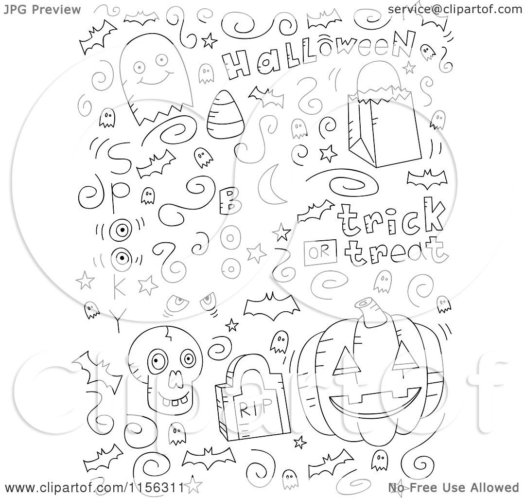 Cartoon Clipart Of A Black And White Collage of Halloween Doodles ...