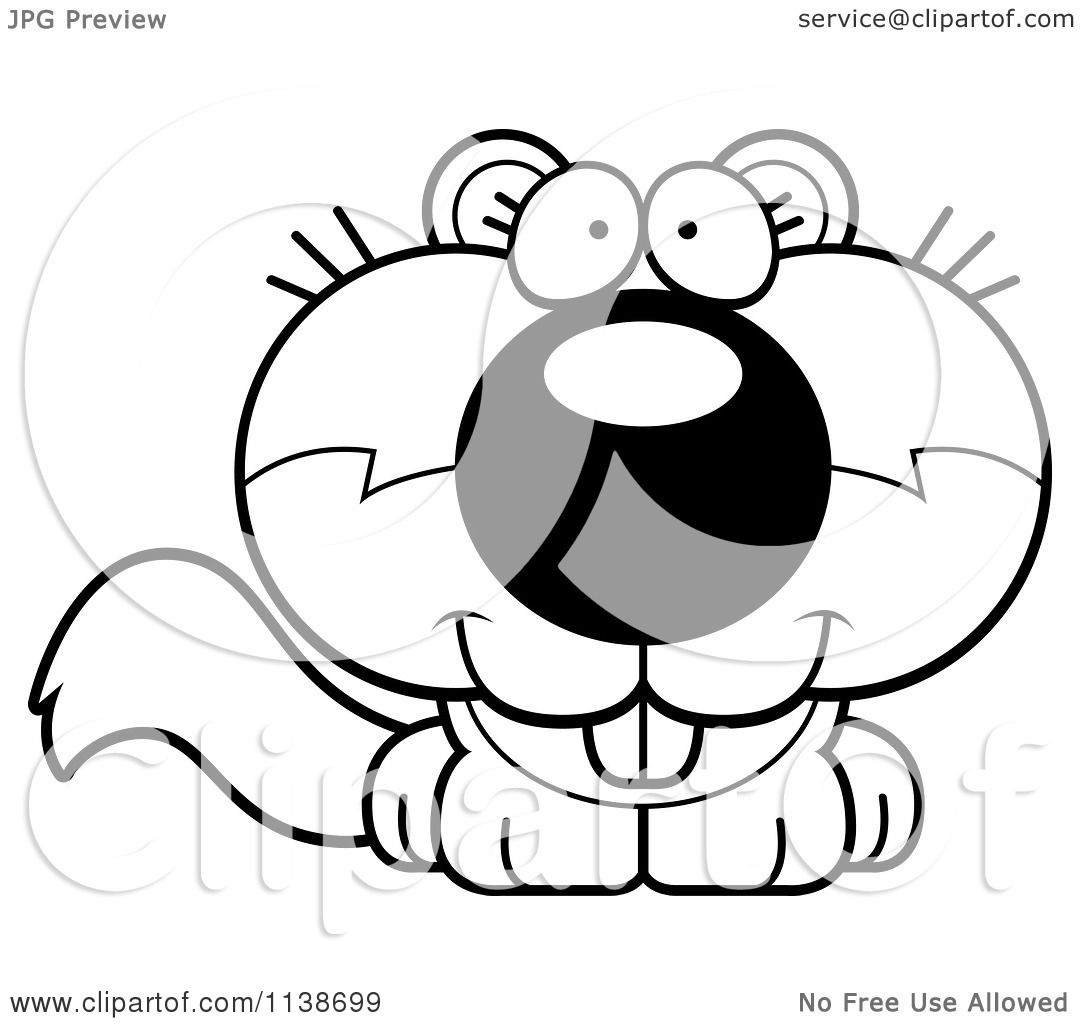 Cartoon Clipart Of A Black And White Cute Happy Baby Squirrel - Vector Outl...