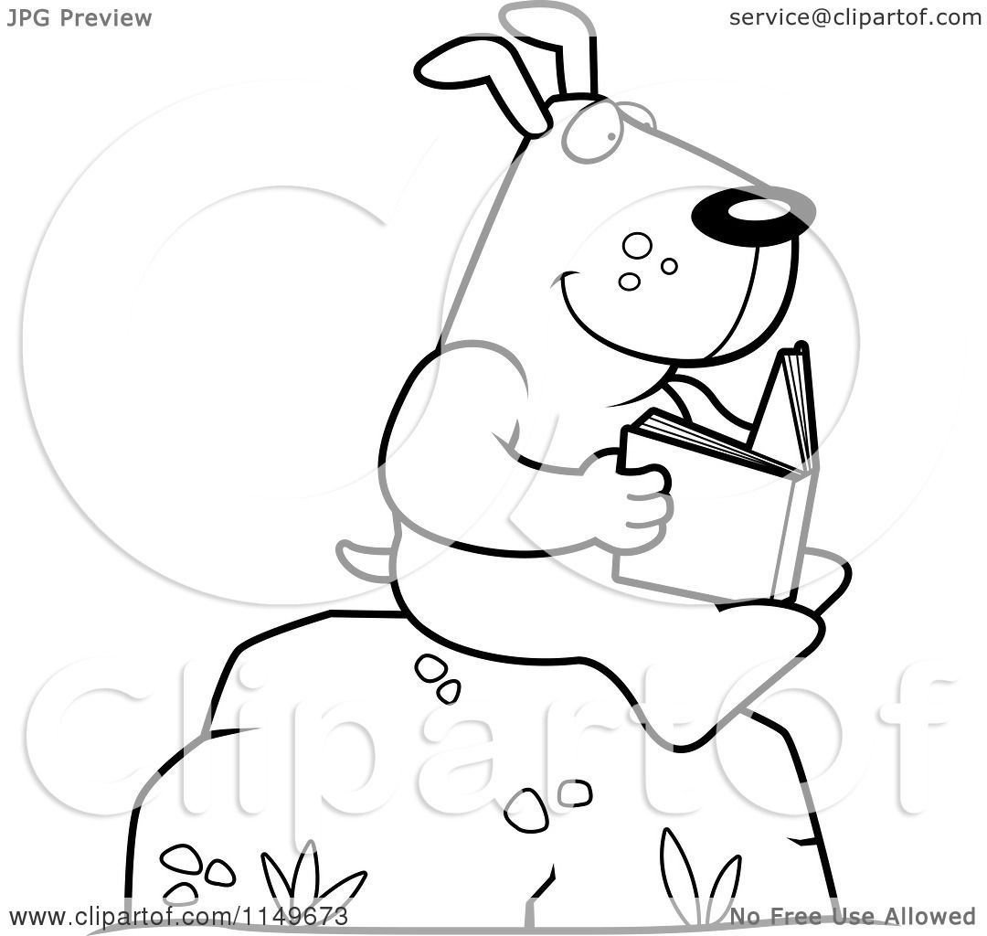 Cartoon Clipart A Black And White Dog Reading a Book on a Boulder Vector Outlined Coloring Page by Cory Thoman