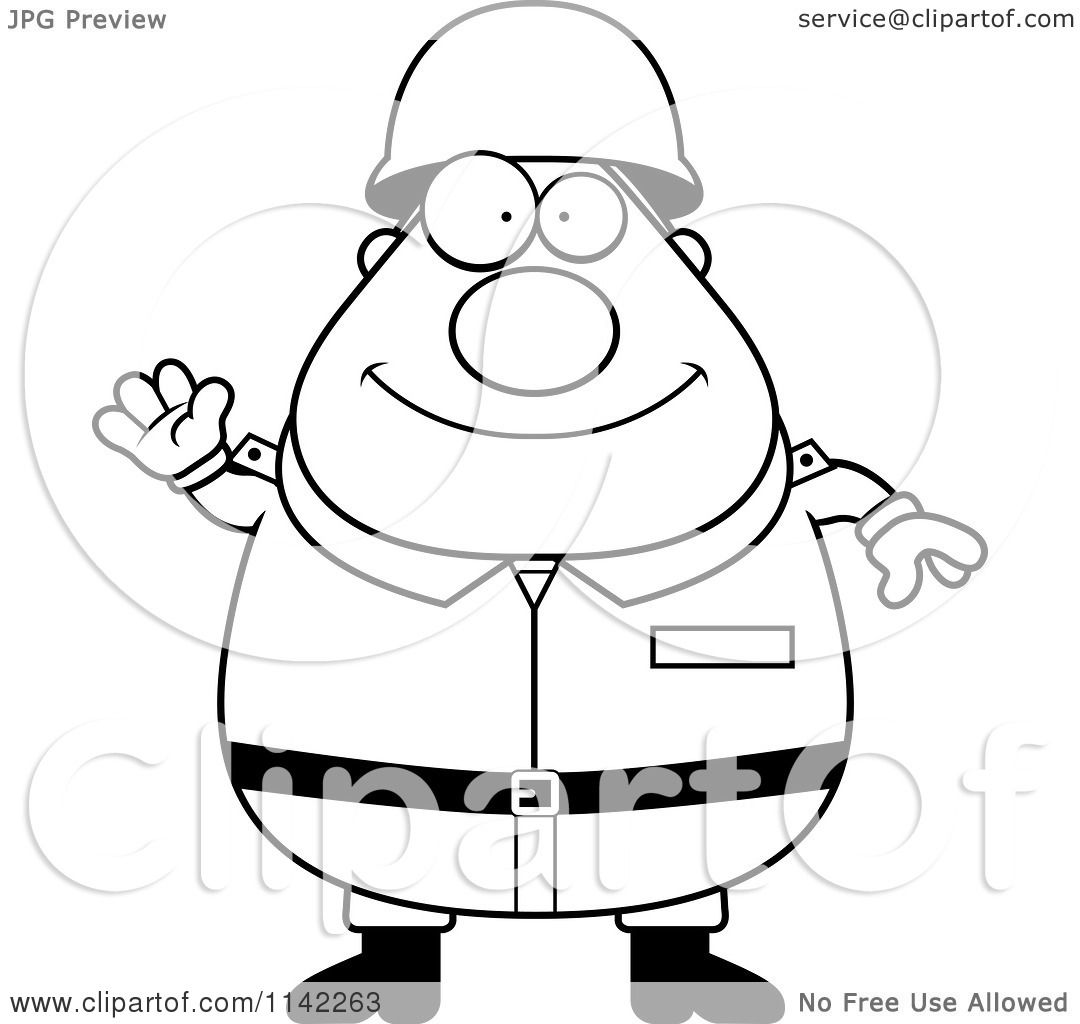 Cartoon Clipart Of A Black And White Friendly Waving Chubby Army Man ...