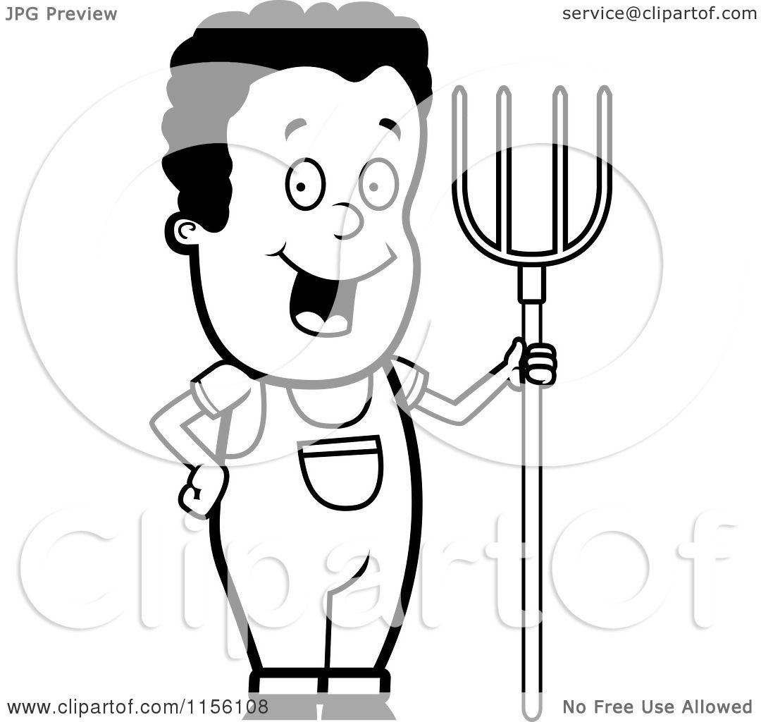 Cartoon Clipart Of A Black And White Happy Black Farmer Boy with a
