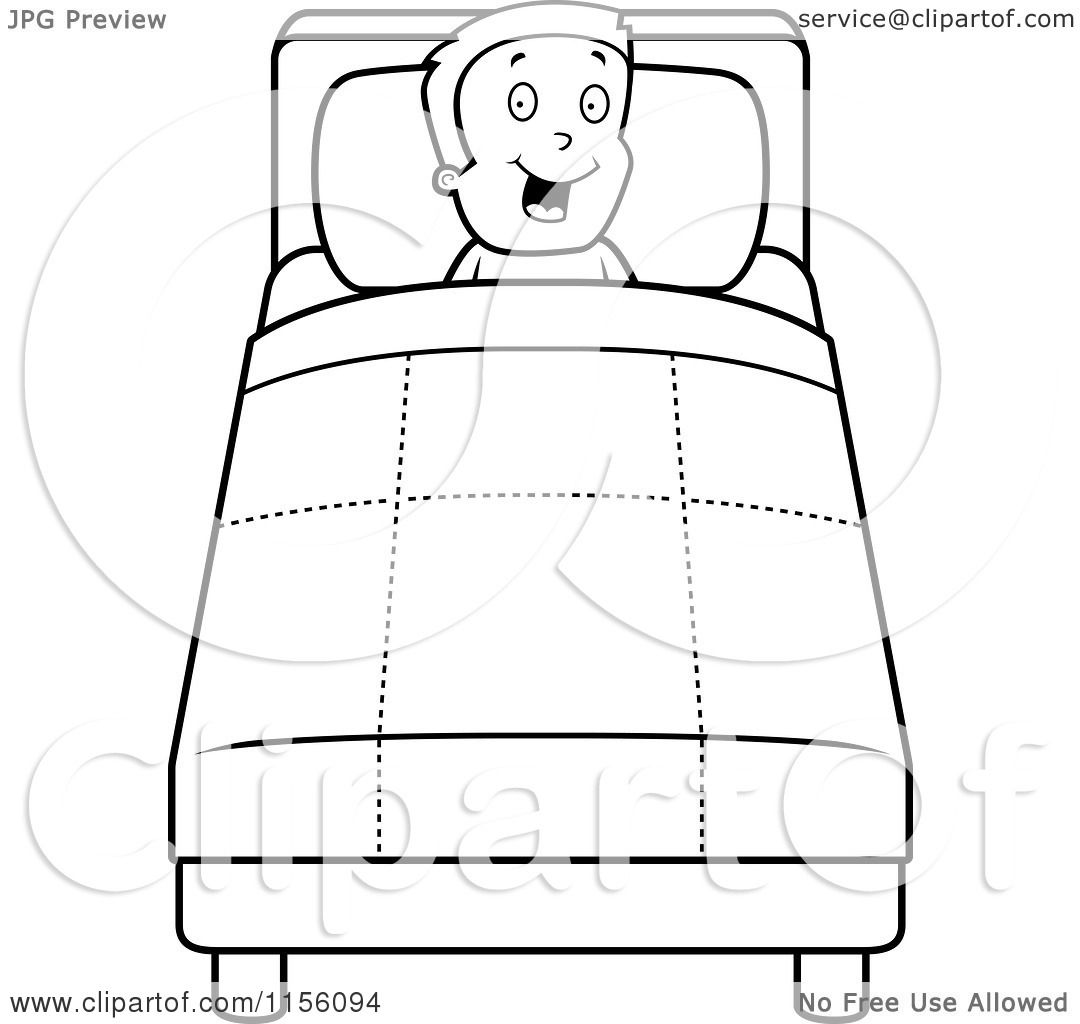Cartoon Clipart Of A Black And White Happy Boy in Bed - Vector Outlined