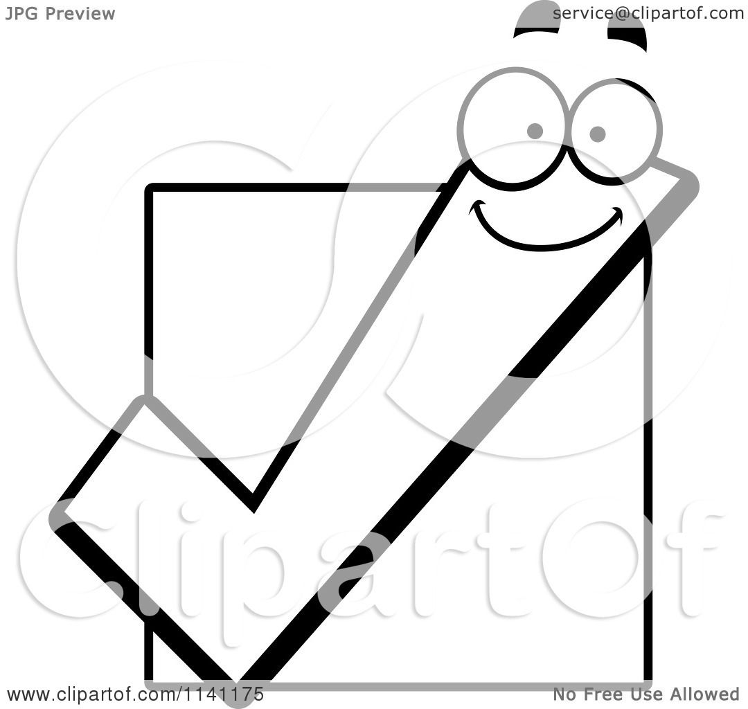 Cartoon Clipart Of A Black And White Happy Check Mark Over A Box