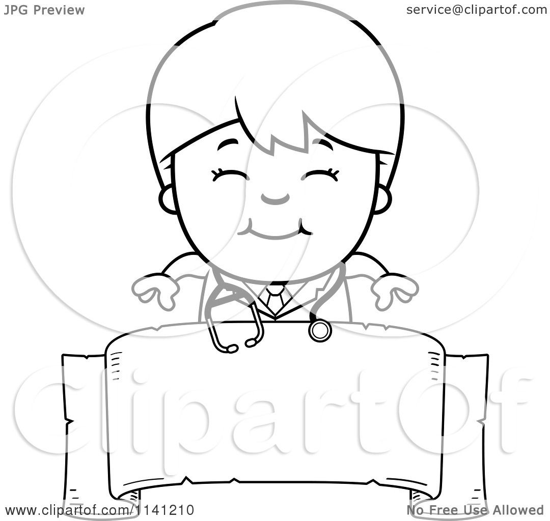 Cartoon Clipart A Black And White Happy Doctor Veterinarian Boy Over A Banner Sign Vector Outlined Coloring Page by Cory Thoman